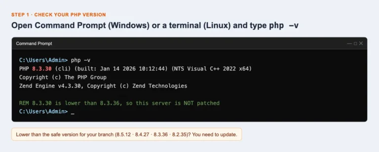 Command Prompt showing php -v output with an unpatched PHP 8.3.30 version