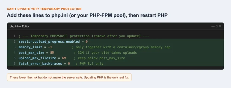 php.ini editor with temporary PHP2Shell mitigation settings