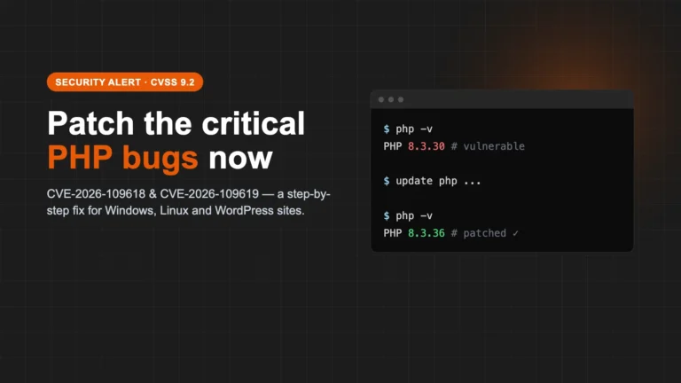 Security alert graphic: patch the critical PHP bugs CVE-2026-109618 and CVE-2026-109619
