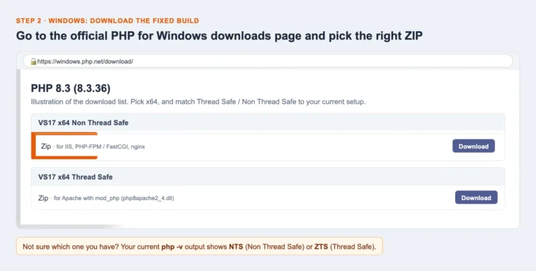 PHP for Windows download list with the x64 Non Thread Safe ZIP highlighted