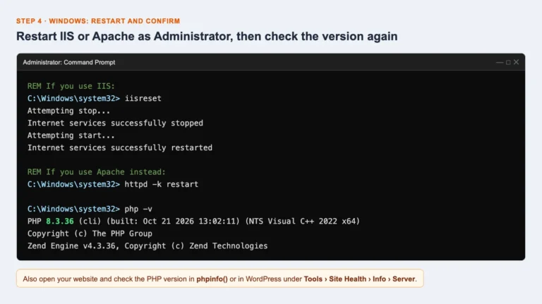 Administrator Command Prompt restarting IIS and showing patched PHP 8.3.36