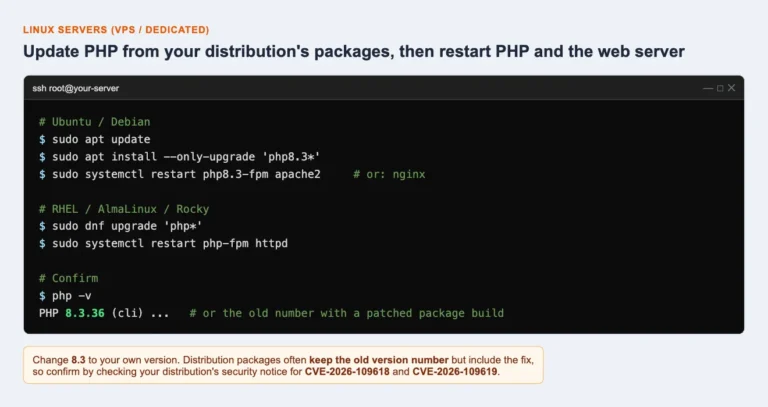 Terminal showing apt and dnf commands to update PHP on Linux and restart services