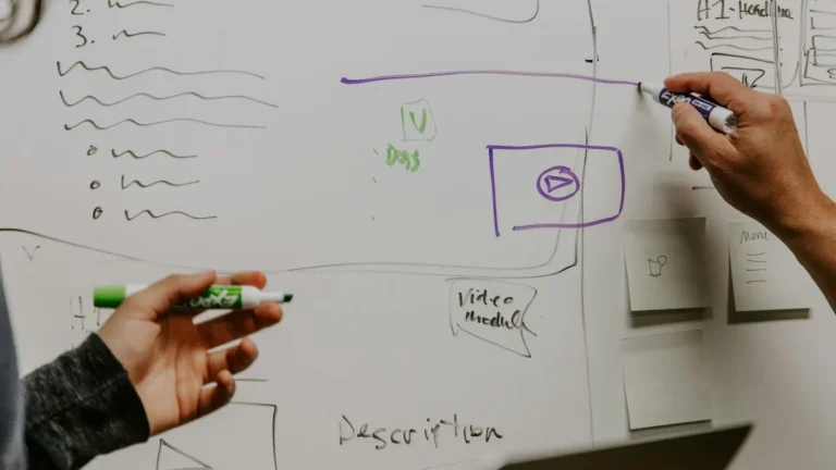 Team planning a landing page on a whiteboard