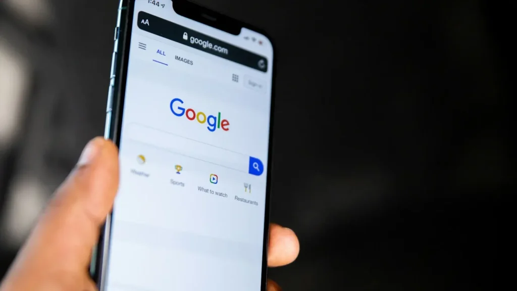 Smartphone showing Google search for WordPress SEO